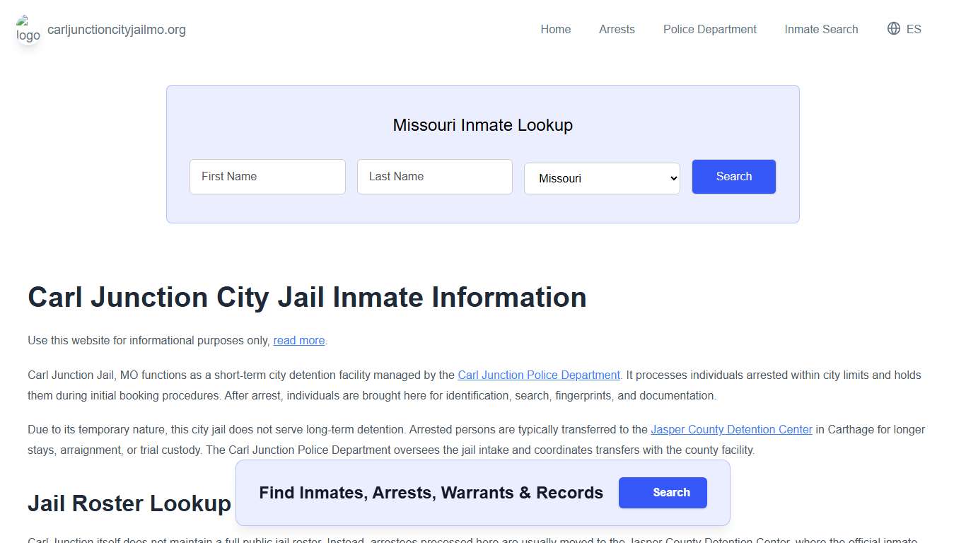 Carl Junction Jail, MO Inmate Roster, Municipal Jail Info